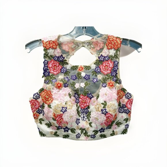 Xscape Floral Embellished Zip Up Crop Top Sz‎ 4 Formal Colorful Dainty Cropped - Picture 2 of 9